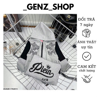 Áo Khoác Hoodie Zip Bé Trai Bé Gái Philipp Plein Thân Xám Thêu Hình Hổ Vằn Tay Đen In Chữ Lưng Logo Mũ Siêu Chất