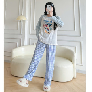 Đồ bộ nữ mặc nhà mùa đông ALICEVN, Sét bộ nữ mặc ngủ ấm áp, Áo dài tay phối màu, Quần dài caro Suông Kate, Thun xượt