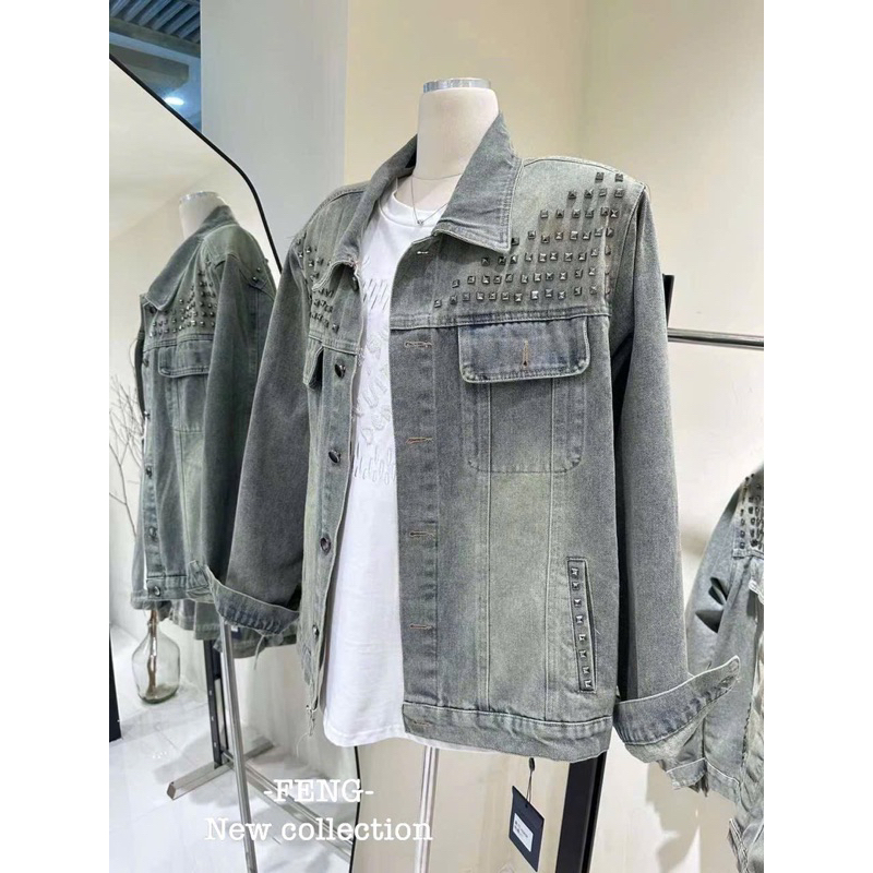 Áo Khoác Bò Denim Nữ Dáng Rộng Đính Đinh Đá Cực Chất (có ảnh thật)
