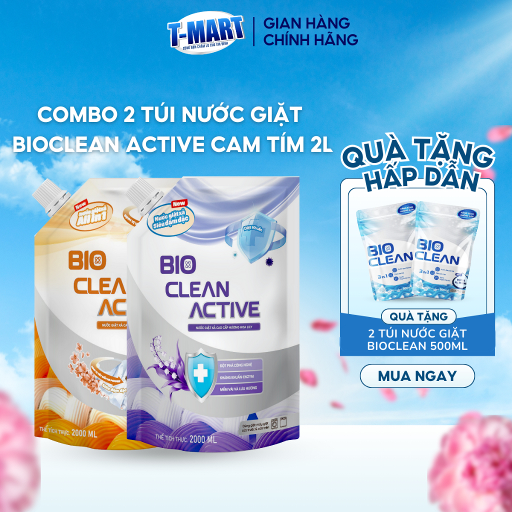 Combo 2 Túi Nước Giặt Xả BIO CLEAN ACTIVE Hương Hoa Lyli, Hương Hoa Đinh Hương Quyến Rũ Dung Tích 2L