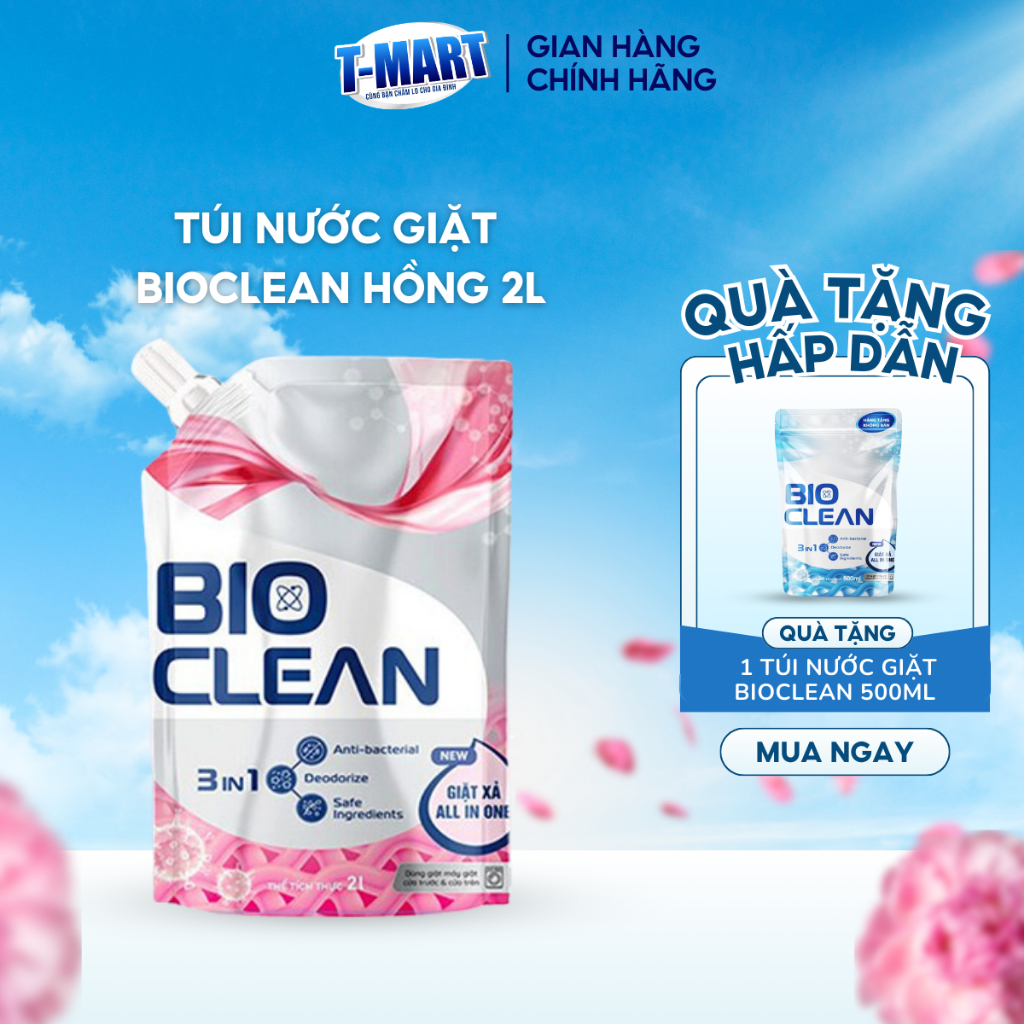  Nước Giặt Xả BIO CLEAN Hồng Hương Nước Hoa Ngọt Ngào Tinh Tế Làm Sạch Sâu Lưu Hương Lâu Túi 2 Lít 