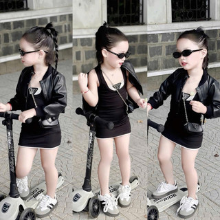   12-30kg  sét áo khoác da mềm phong cách tặng kèm áo váy body cho bé gái 