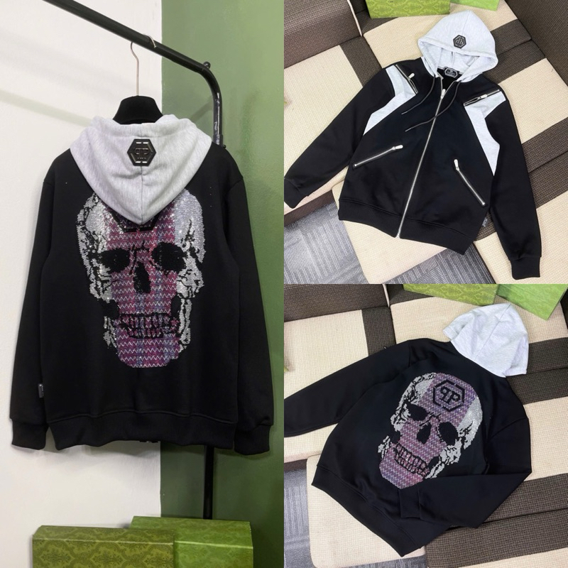 Áo khoác hoodie zip nam nữ Philipp Plein ghép sọc xám khoá zip phối đính đá đầu lâu lưng logo mũ HZ6