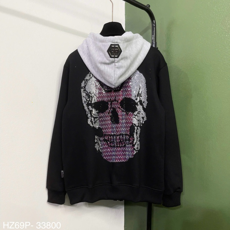 Áo hoodie zip nam nữ Philipp Plein khoá zip phối xám ngực đính đá đầu lâu tím logo mũ HZ69P