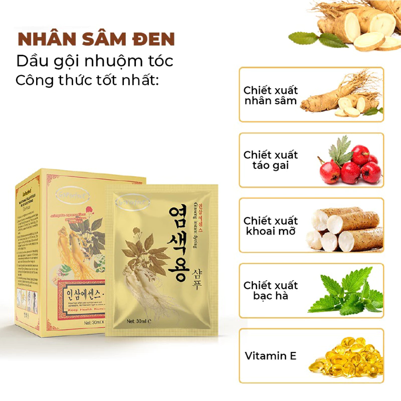 [Hộp 10 Gói X 30ml] Dầu Gội Phủ Bạc Sâm Vàng Hỗ Trợ Đen Tóc, Chiết Xuất Thảo Dược