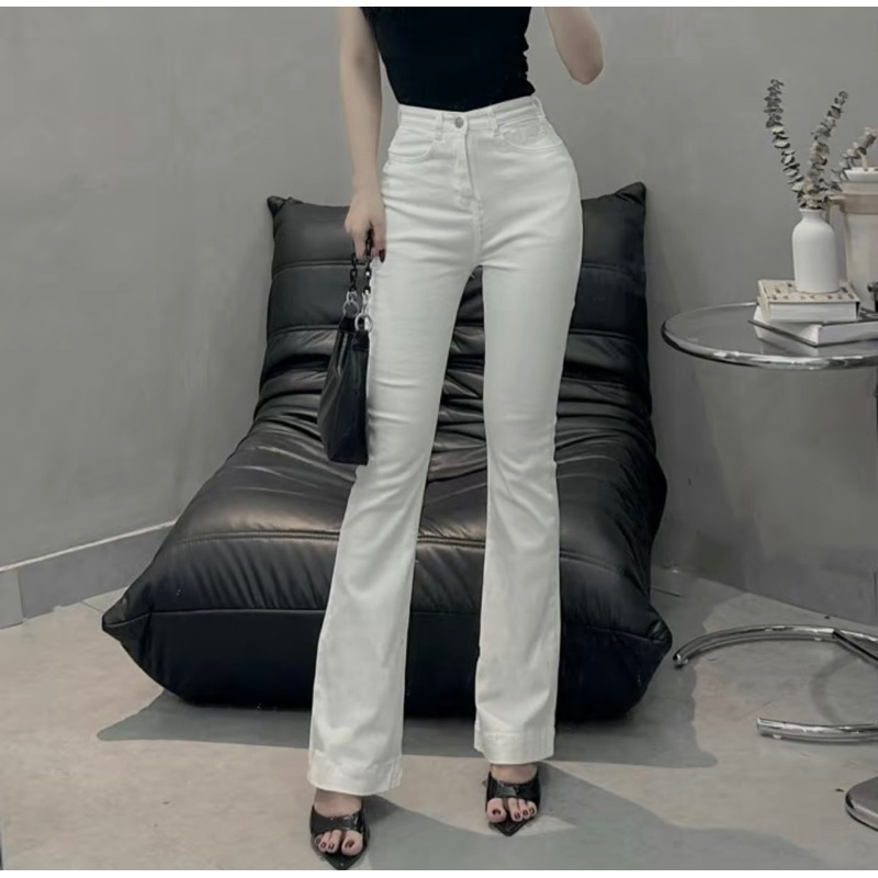 [K-JEANS] Quần jeans loe nữ cao cấp chất co giãn màu trắng sang chảnh