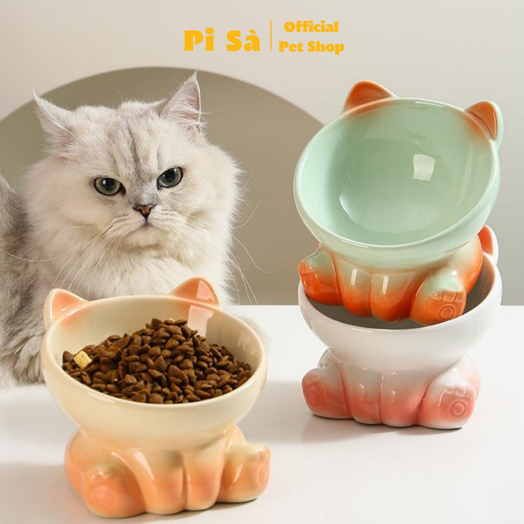  Bát ăn cho mèo cao cấp | Bát sứ cho mèo dạng nghiêng | Chén ăn cho mèo chống gù lưng hình tai mèo 
