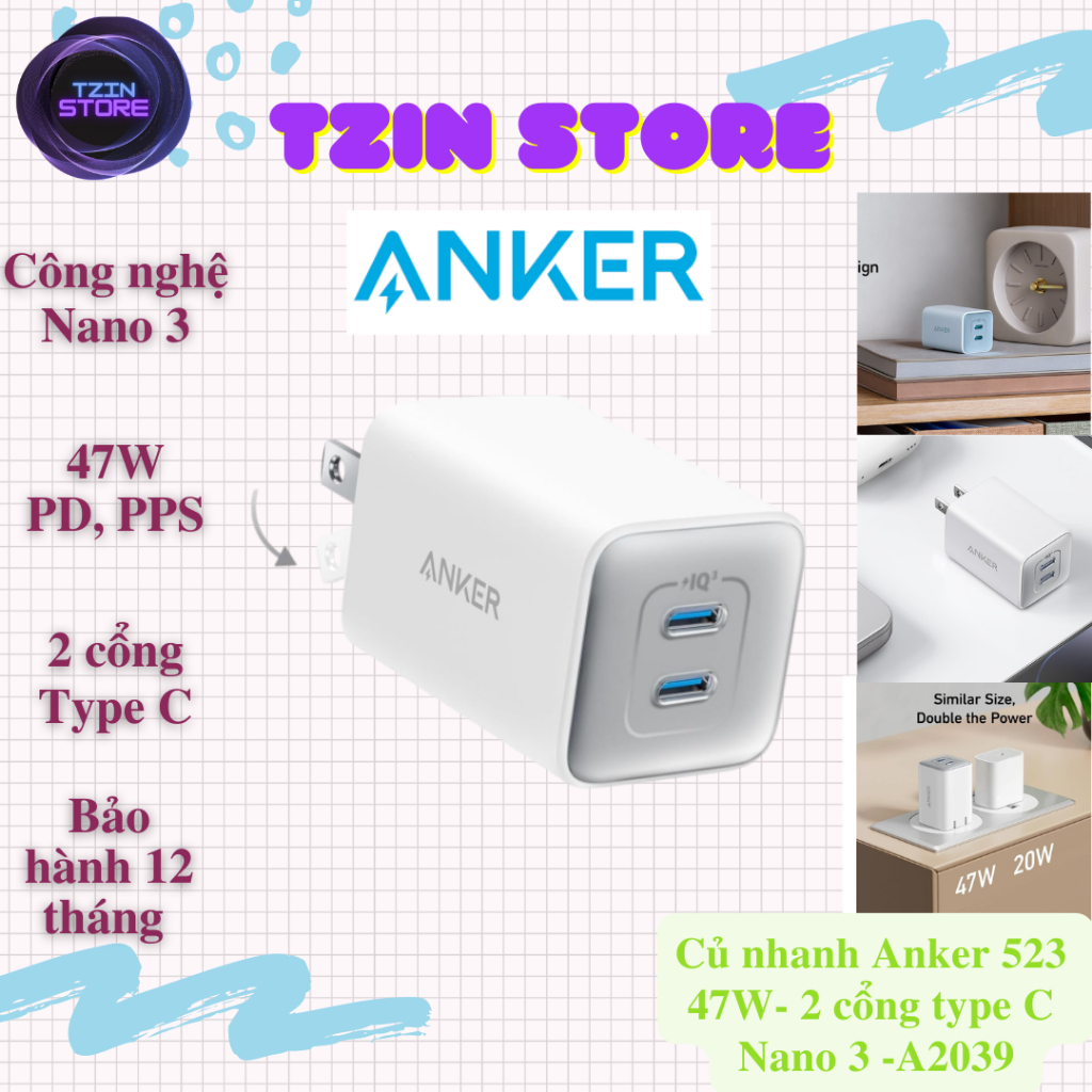 Cốc sạc nhanh Anker Nano 3 523 công suất 47W- 2 cổng type C - A2039