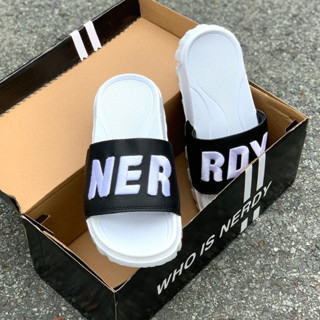 Dép nerdy Quai Ngang Nam nữ Cao Cấp Đế LR Cao 4 cm, Dép NERRDY  thêu chữ săc nét, mang êm chống trơn trượt, Trắng q.đen