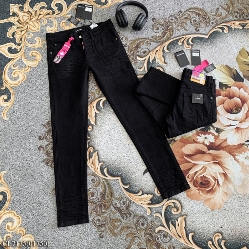 Quần jean nhăn, jean Nam đen trơn tag hồng