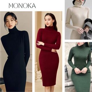  Váy len tăm ôm body dài tay cổ lọ dáng lỡ đen be rêu đỏ đô Đầm nữ cao cổ tôn dáng basic ulzzang thanh lịch T602G MONOKA 