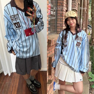 Áo sweater polo màu xanh biển Jersey kẻ sọc viền nâu phong cách blokecore bóng chày chất nỉ dày dặn AJS001 - Tiktik