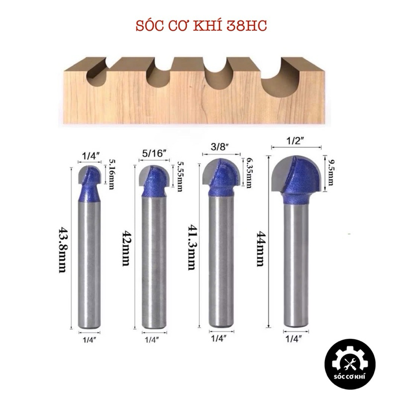 4 Mũi phay gỗ, mũi soi gỗ, mũi đào gỗ bán nguyệt đầu kẹp máy 6.35