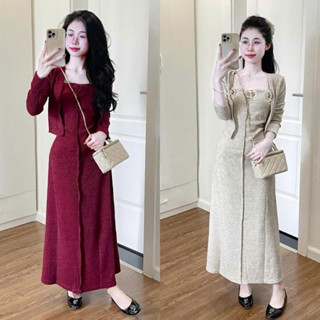 Set Váy Hoa Nổi 2 Dây Kèm Áo Khoác Ngoài, Đầm Body Len Gân Đính Hoa Mix Áo Cardigan Dài Tay