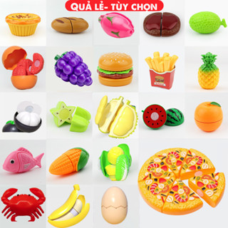 (Quả lẻ-tùy chọn) Đồ chơi cắt rau củ quả trái cây bằng nhựa cho bé có sầu riêng, pizza, hamburger, bộ đồ chơi nấu ăn