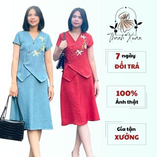 Set bộ áo cộc tay trung niên vải linen vân may thêu hoa ly, đầm trung niên cho mẹ, quà tặng mẹ 20/10, quà cho mẹ