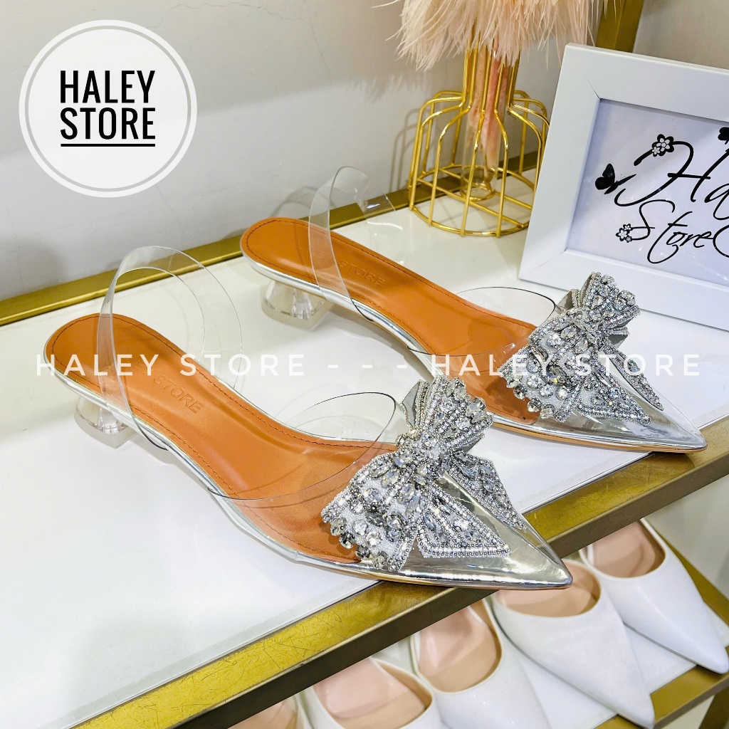 Giày cao gót bít nơ xám HALEY STORE gót 5cm bít mũi nhọn mika trong suốt đính nơ gót tam giác cô dâu tiểu thư đi tiệc