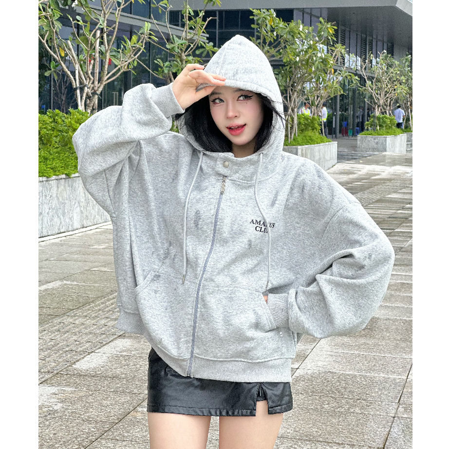 Áo khoác HOODIE ZIP BOXY NỈ 2 DA AMADUS nút bấm, dập nổi, in kim tuyến, có túi trong UNISEX NAM NỮ | BigBuy360 - bigbuy360.vn