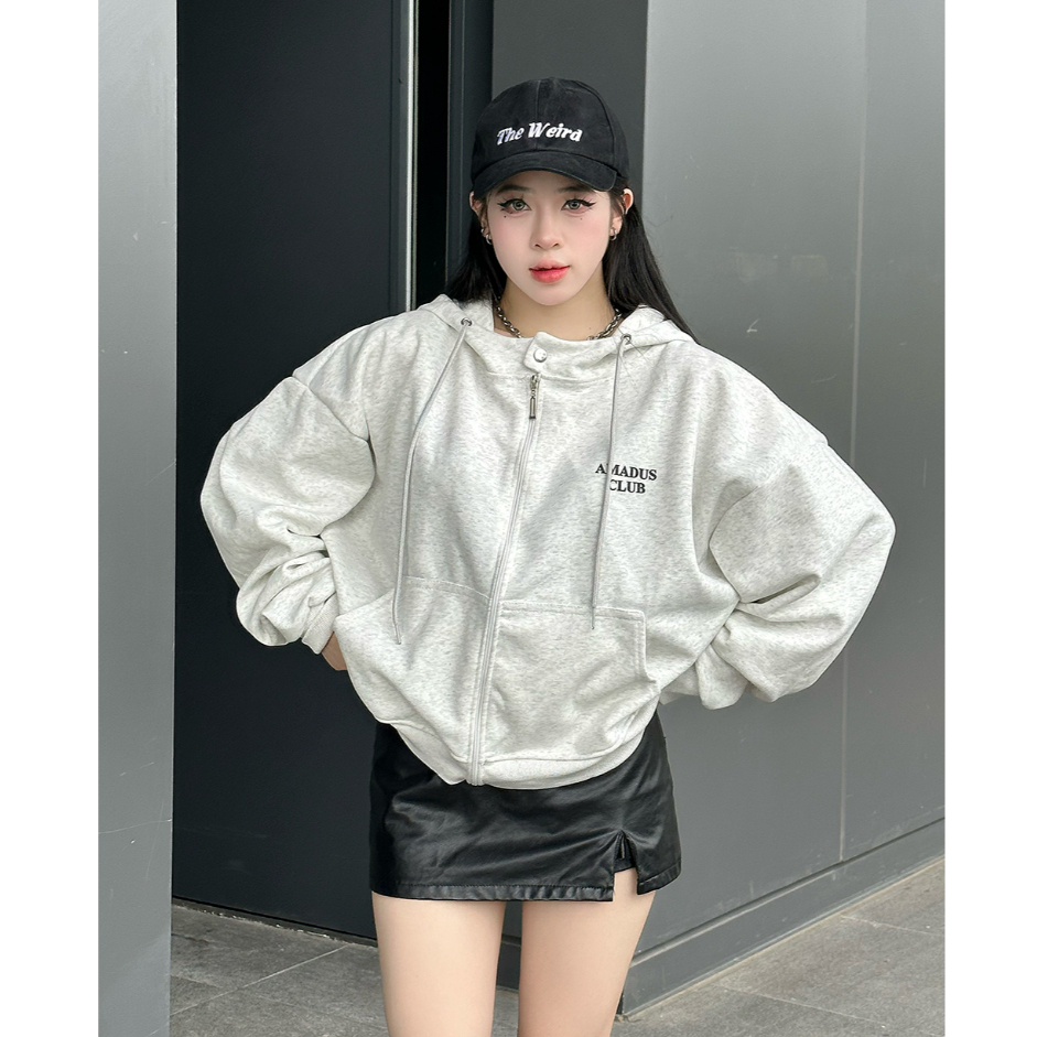 Áo khoác HOODIE ZIP BOXY NỈ 2 DA AMADUS nút bấm, dập nổi, in kim tuyến, có túi trong UNISEX NAM NỮ | BigBuy360 - bigbuy360.vn