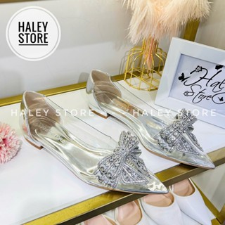 Giày ball nơ đá xám HALEY STORE gót cao 2cm bít mũi nhọn mika trong suốt đính nơ cô dâu tiểu thư công chúa đi tiệc