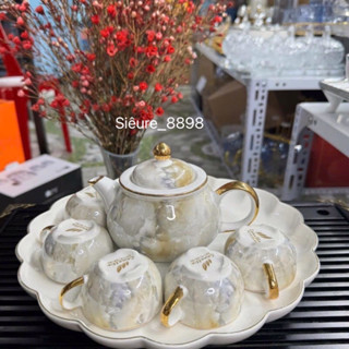Bộ Ấm Chén Sứ Vân Đá Kèm Khay Xoay Decor Cao Cấp Sang Trọng