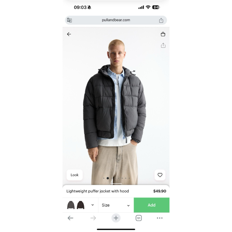 PUFFER JACKET CÓ MŨ PULL AND BEAR [CHÍNH HÃNG 100%]
