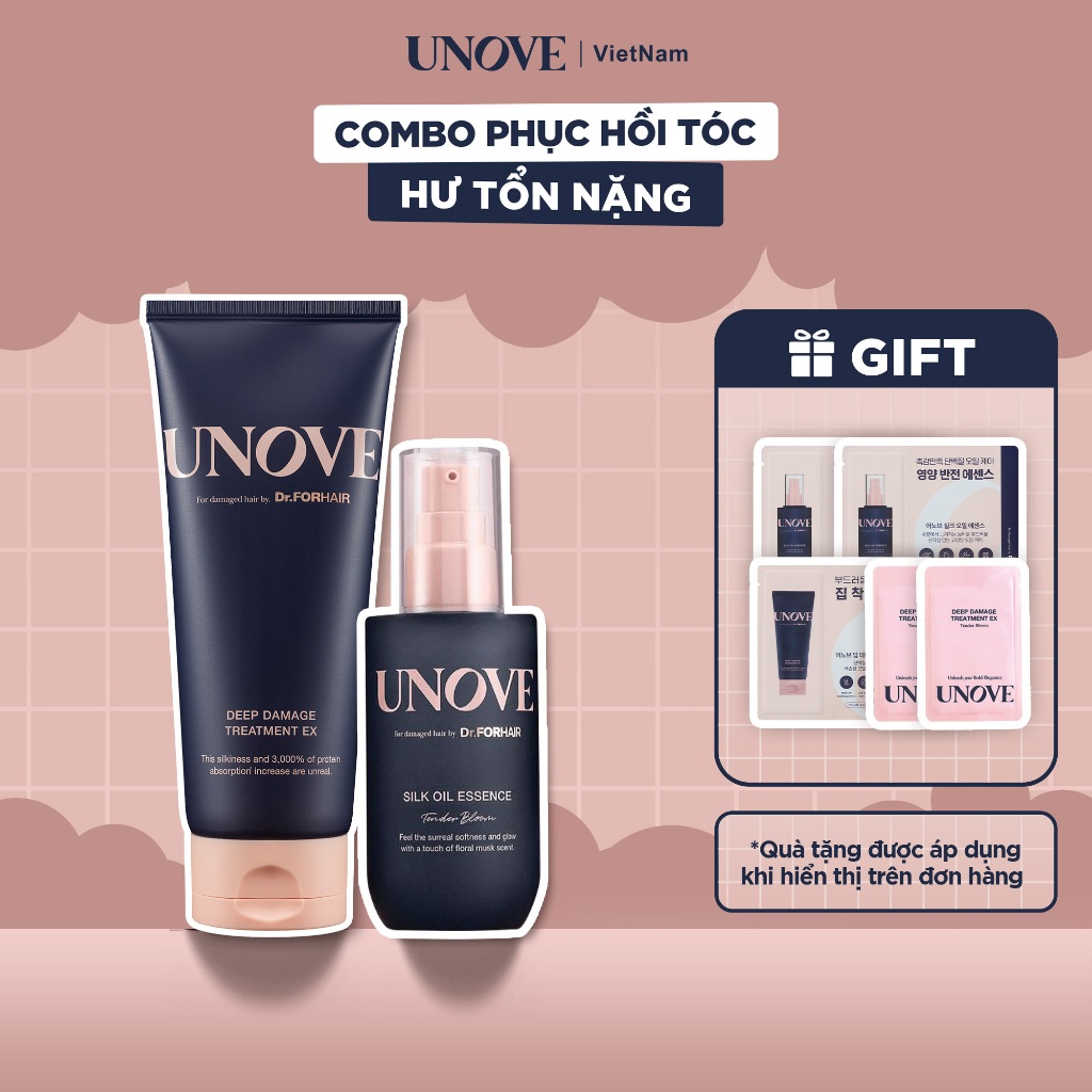  Combo Tinh chất nuôi dưỡng và kem ủ phục hồi chăm sóc tóc khô hư tổn UNOVE Silk Oil Essence x Deep Damage Treatment EX 