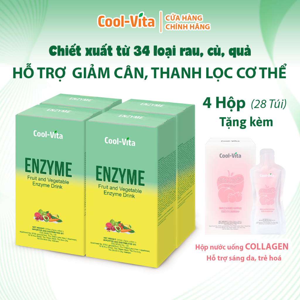 [Mua 4 tặng 1] Combo Enzyme Uống Thanh Lọc Hỗ Trợ Giảm Cân & Collagen Uống Trẻ Hóa Da Coolvita