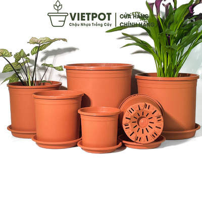 Chậu nhựa trồng cây VIETPOT, màu cam trơn, trồng hoa kiểng, trang trí nhà cửa, ban công, sân vườn.