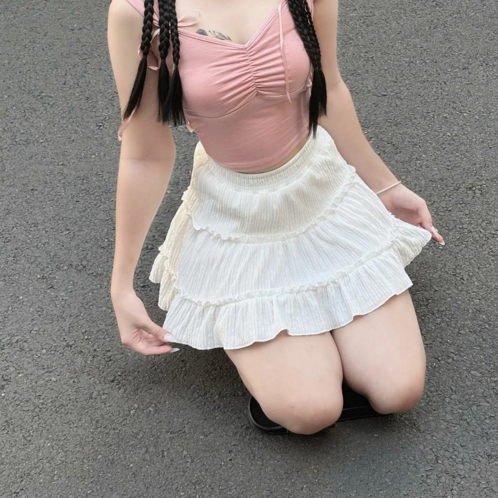 Chân Váy Ngắn 3 Tầng Xinh Xắn Dáng Xòe Tiểu Thư Nữ. cv Ngắn Trắng Tầng