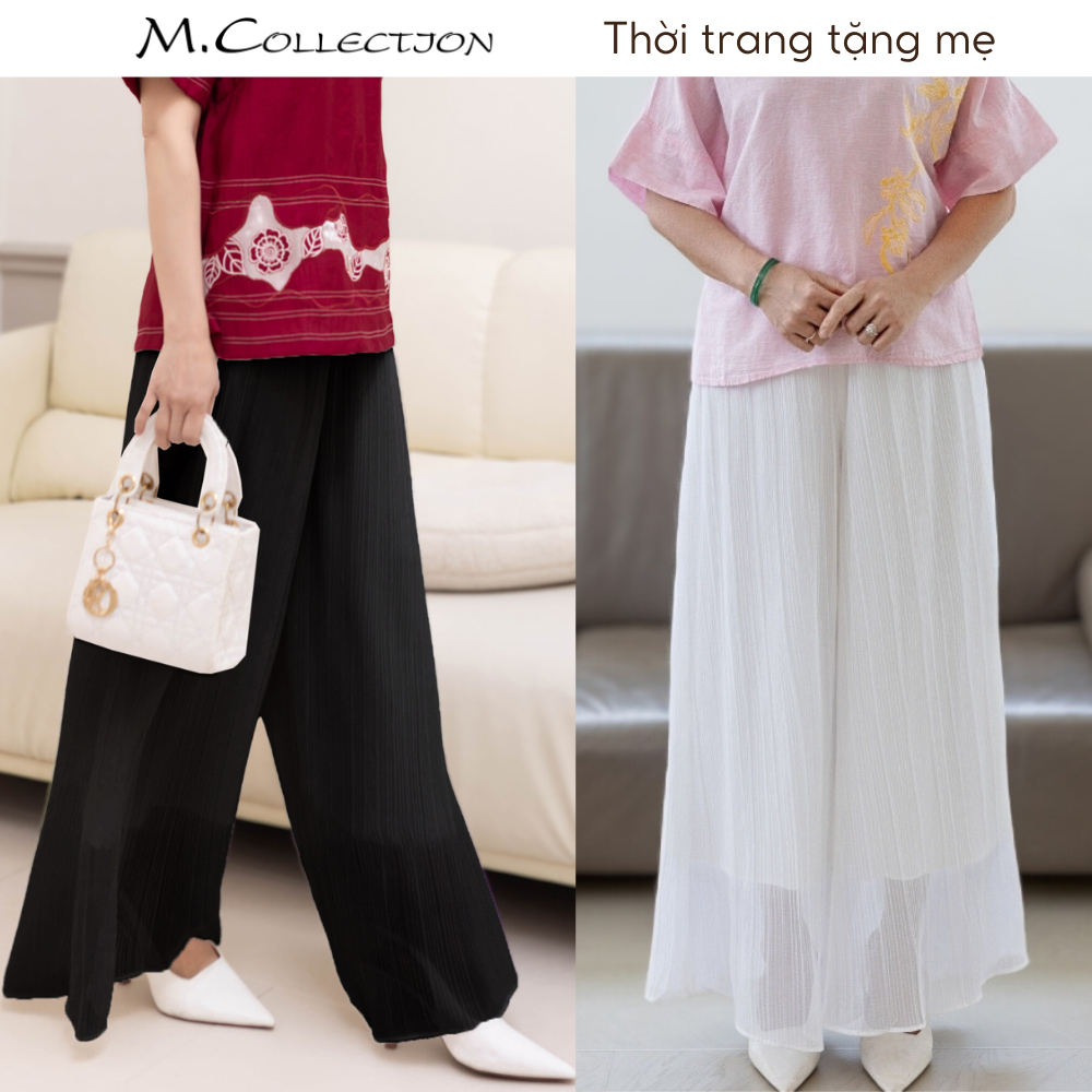 M COLLECTION | Quần Nữ Trung Niên Tặng Mẹ Ống Rộng Suông Cạp Cao Lưng Thun Vải Lụa Xếp Li - Q11324