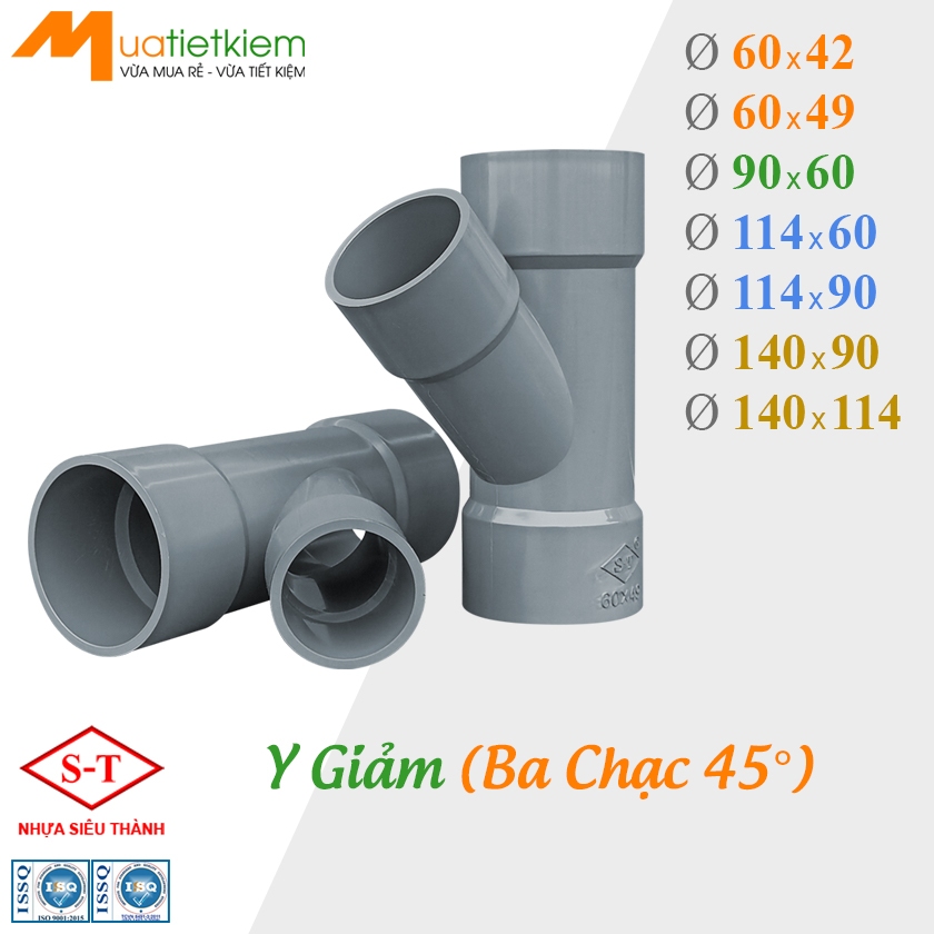 [BÁN SỈ] Chữ Y, Y Giảm, Ba Chạc 45° Giảm PVC phi 21,27,34,42,49,60,76,90,110,114,140,168, phụ kiện n