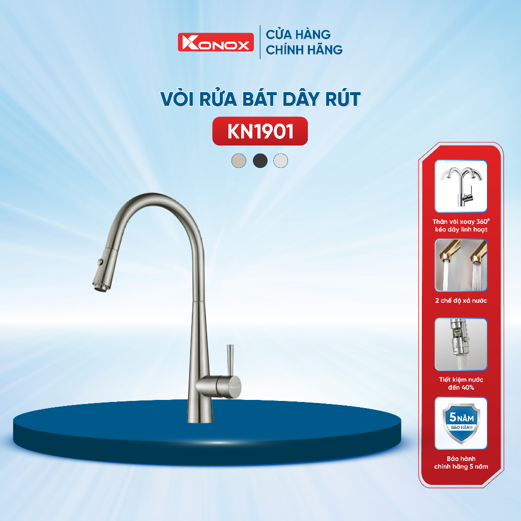 Vòi rửa bát dây rút Konox KN1901N hợp kim đồng mạ PVD Nickel - Bảo hành 5 năm
