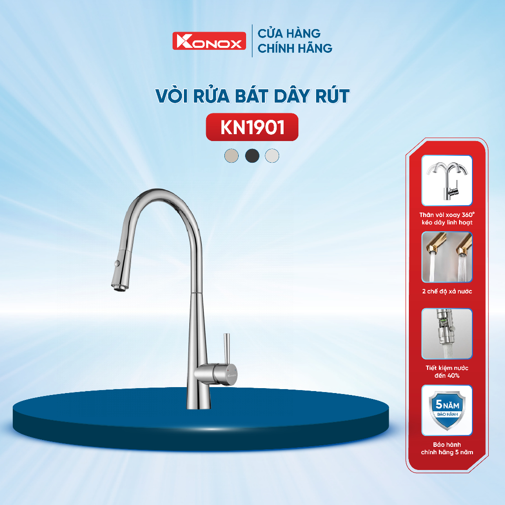 Vòi rửa bát dây rút Konox KN1901C hợp kim đồng mạ PVD Chrome - Bảo hành 5 năm