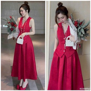 Set váy noel áo cổ V sát nách gài nút ôm eo chất lenin dạ phối chân váy xòe tuyết mưa sang chảnh độc đáo