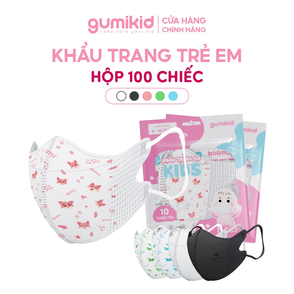 [4-10 TUỔI]  Hộp 100 chiếc Khẩu trang trẻ em 5D Gumi 3 lớp mask kháng khuẩn lọc bụi PM 2.5