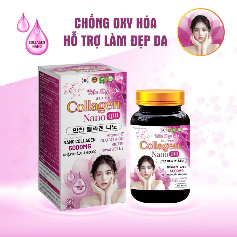 Viên đẹp da Supper COLLAGEN NANO Q10 - Nano Collagen 500mg nhập khẩu hàn quốc + tinh dầu hoa anh thảo 100mg
