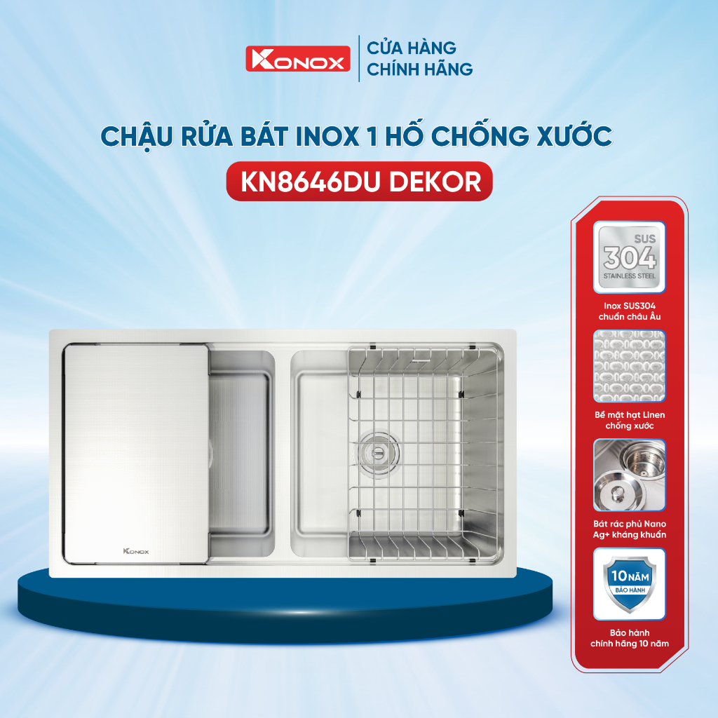 Chậu rửa bát inox 2 hố chống xước Konox KN8646DU Dekor - Bảo hành 10 năm