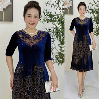 Đầm trung niên dự tiệc sang trọng vải nhung cao cấp đính đá, tặng mẹ co giãn tốt bigsize M678