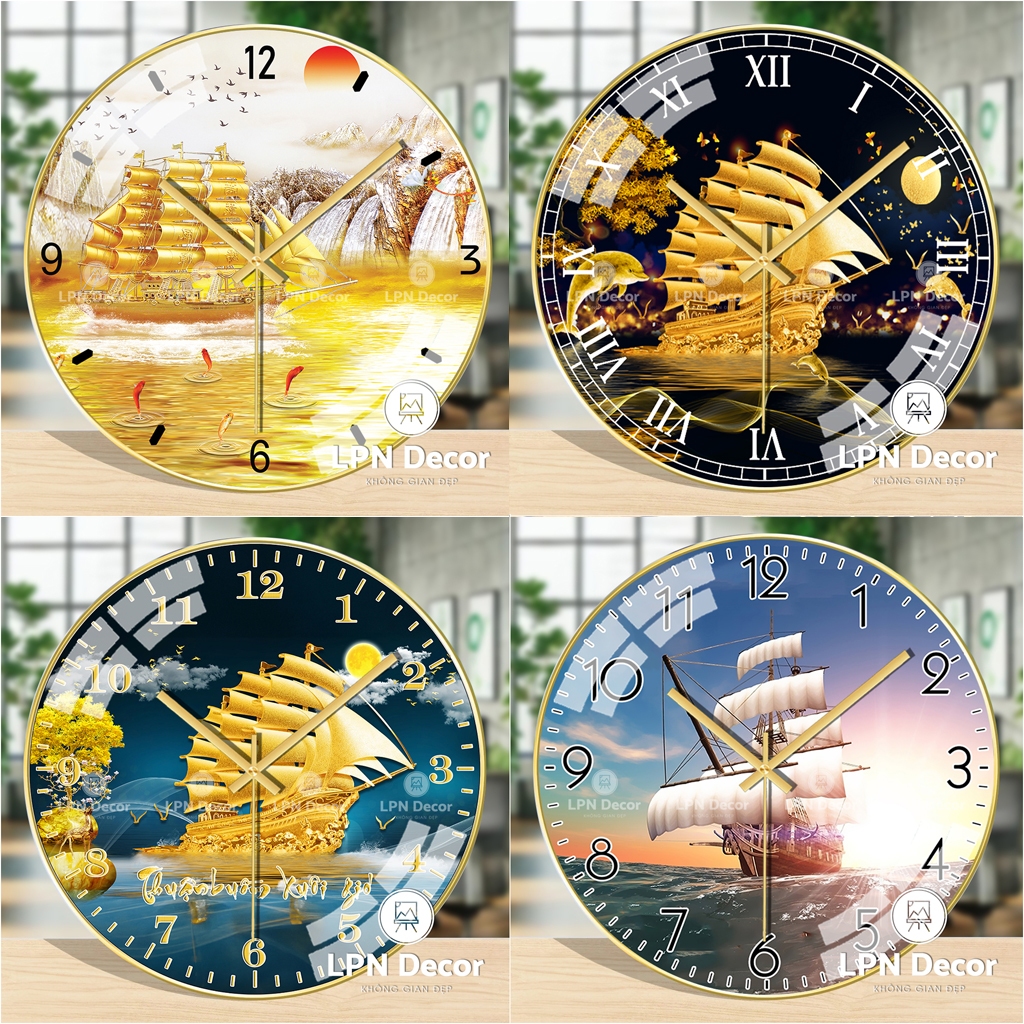Đồng hồ tròn tráng gương Thuận buồm xuôi gió, phong thuỷ, may mắn, tài lộc, quà tặng, tân gia, decor