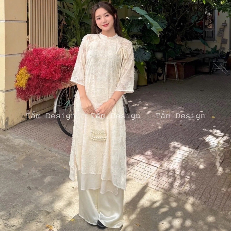 Áo dài lông vũ buộc nơ cách điệu, áo dài cách tân gấm hoa tua rua kèm quần lụa( hàng có sẵn) | BigBuy360 - bigbuy360.vn