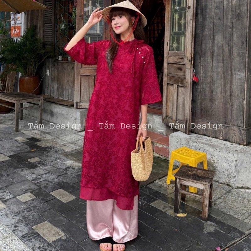Áo dài lông vũ buộc nơ cách điệu, áo dài cách tân gấm hoa tua rua kèm quần lụa( hàng có sẵn) | BigBuy360 - bigbuy360.vn