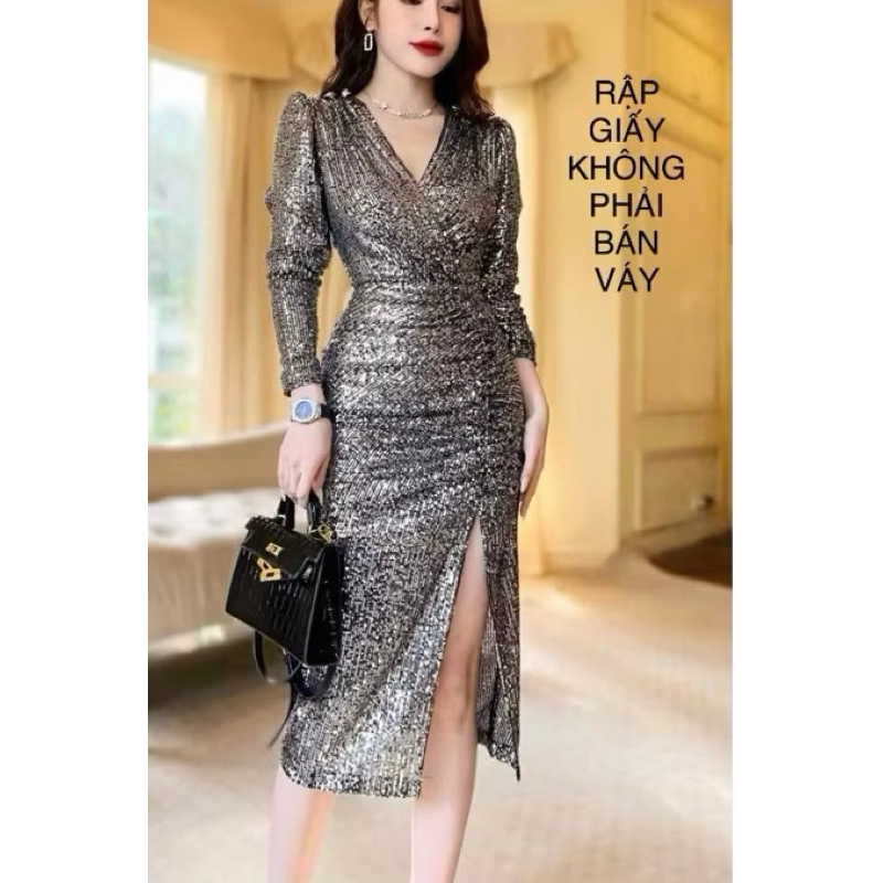 RV09 RẬP BẰNG GIẤY váy cổ đan chéo tay dài nhún hông