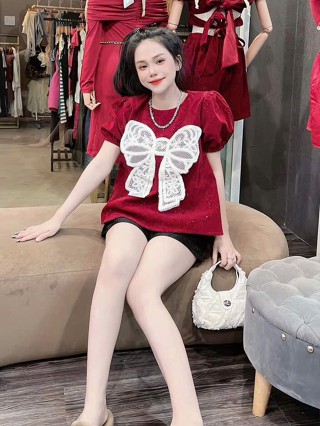  Set bộ đồ nữ mặc TẾT áo nhung kim tuyến nơ tay bồng phối quần đùi tapta siêu xinh  cao cấp 2 màu diện đi chơi trẻ trung 