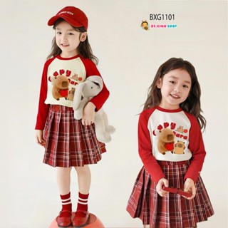 [BexinhshopVN] Set áo dài tay CAPYBARA chân váy caro kèm chip dễ thương cho bé gái Thu Đông BXG1101