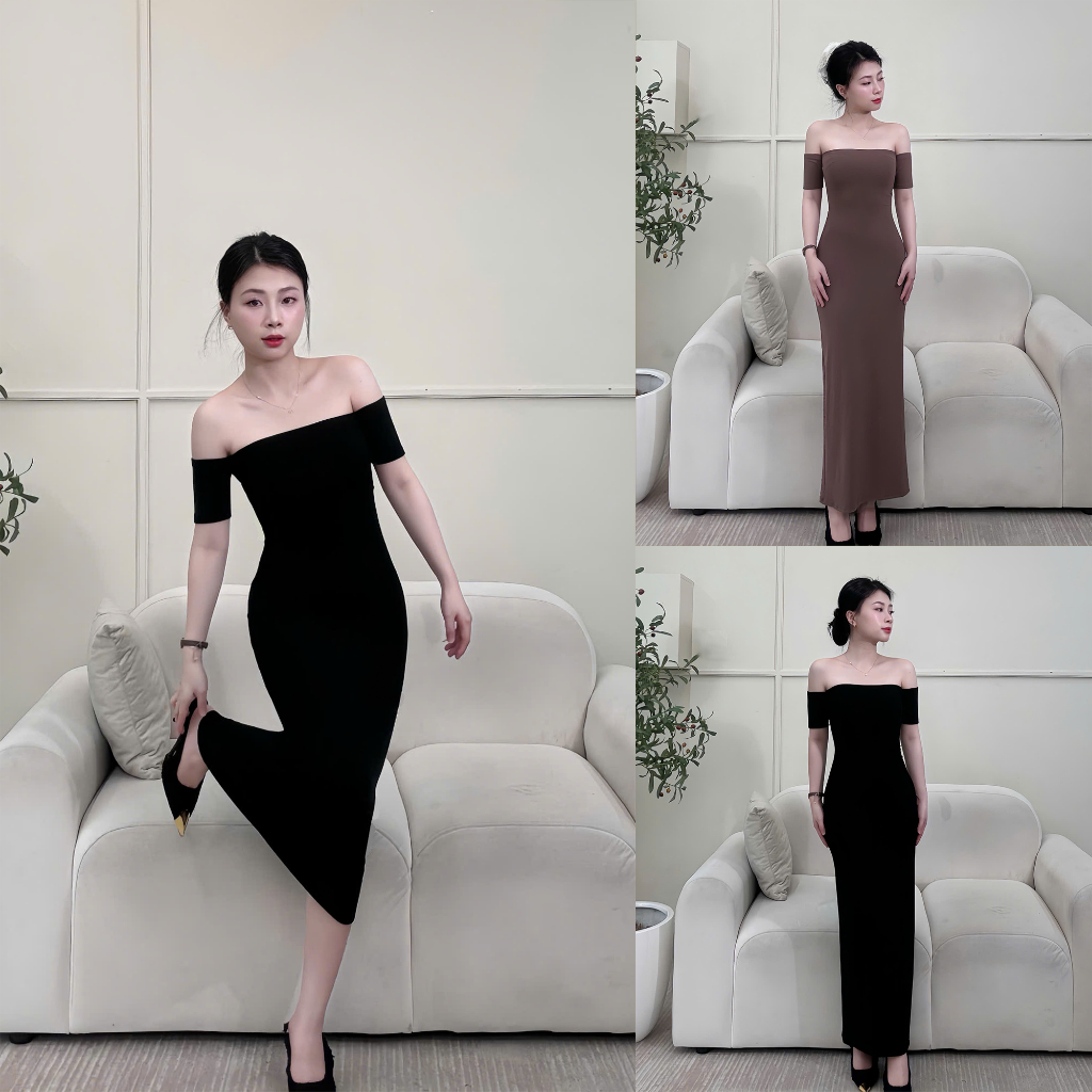 Đầm Body Dáng Dài Trễ Vai Có Tay, Vải Thun Cotton Co Giãn 4 Chiều, Tôn Dáng Sang Trọng - LYC