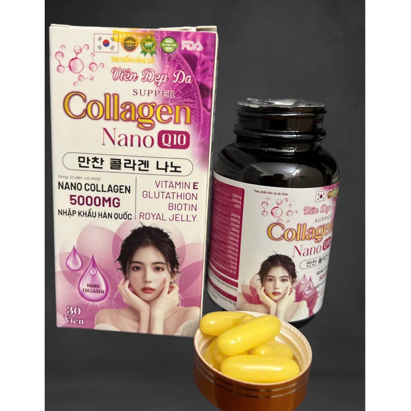 Viên đẹp da Supper COLLAGEN NANO Q10 - Nano Collagen 500mg nhập khẩu hàn quốc + tinh dầu hoa anh thảo 100mg