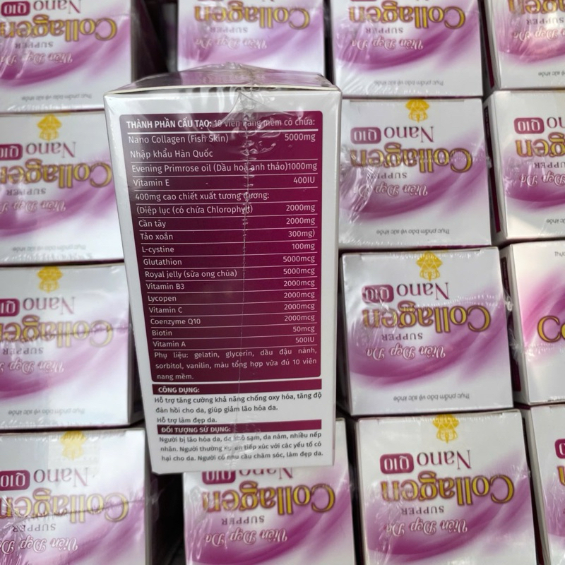Viên đẹp da Supper COLLAGEN NANO Q10 - Nano Collagen 500mg nhập khẩu hàn quốc + tinh dầu hoa anh thảo 100mg