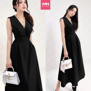 Đầm dự tiệc MINA dáng xoè midi cổ chữ V xếp ly ngực sát nách màu đen sang trọng quyến rũ xinh đẹp MN182