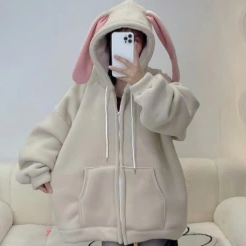 Áo Khoác Nỉ Tai Thỏ Hồng , Áo Hoodie zip chất nỉ bông mũ trùm 2 lớp form rộng unisex cực xinh cực hot TREND 2025
